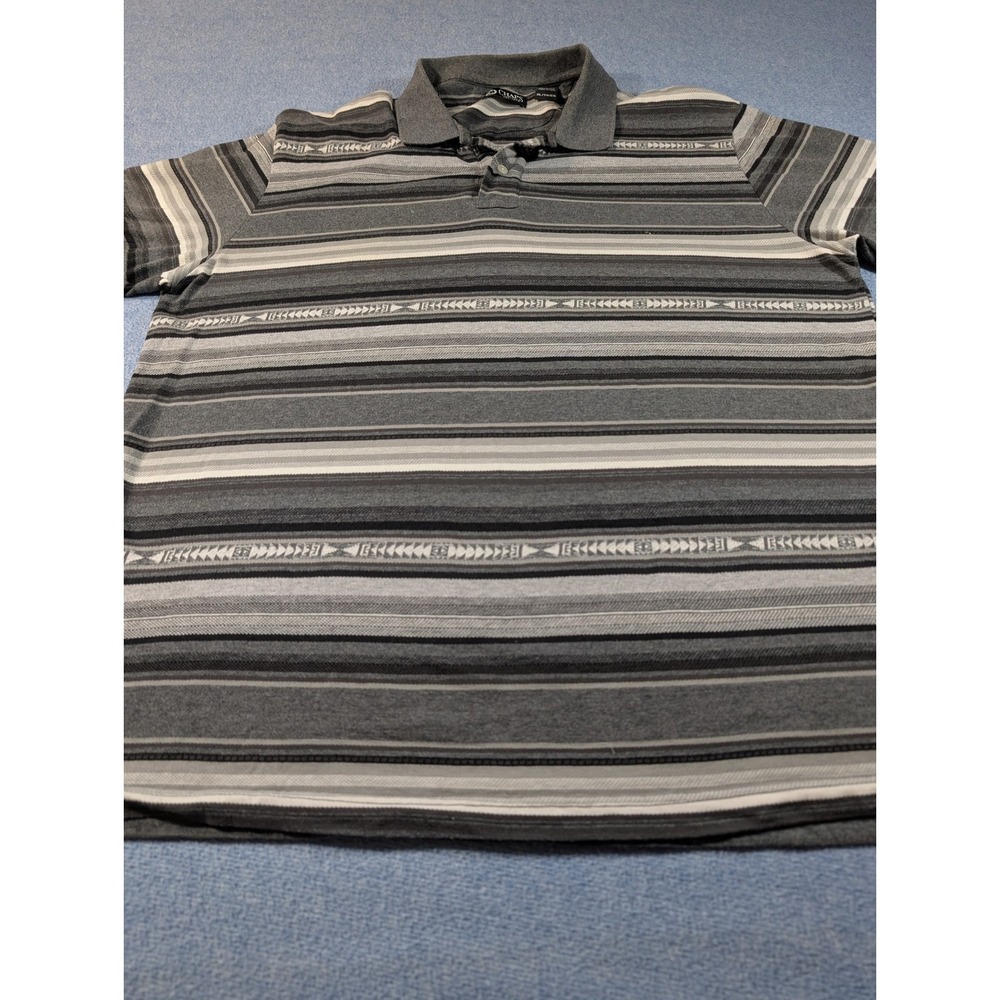 Chaps Mens XL Polo Shirt Grey Black Striped Southwestern Geometric Cotton S/S - Picture 2 of 9